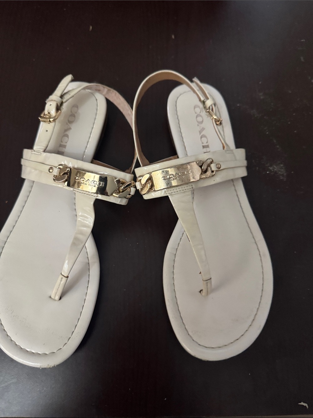 Coach White Leather T-Strap Sandals with Gold Hardware